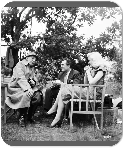 AE Matthews, Patrick Holt, and Diana Dors on the set of Leslie Arliss Miss Tulip Stays The Night (1955)