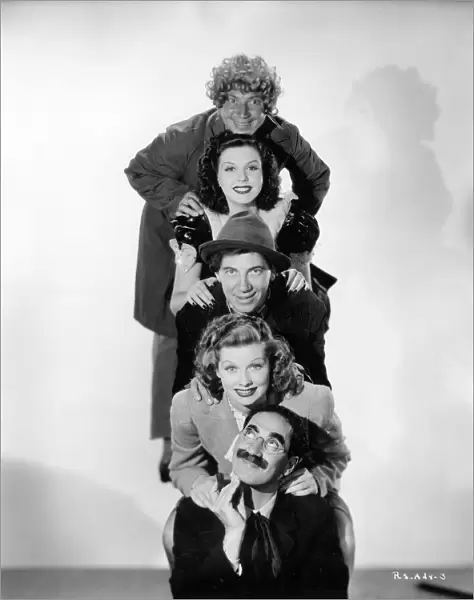 Harpo Marx, Lucille Ball, Chico Marx, Ann Miller, and Groucho Marx in William Seiters Room Service (1938)