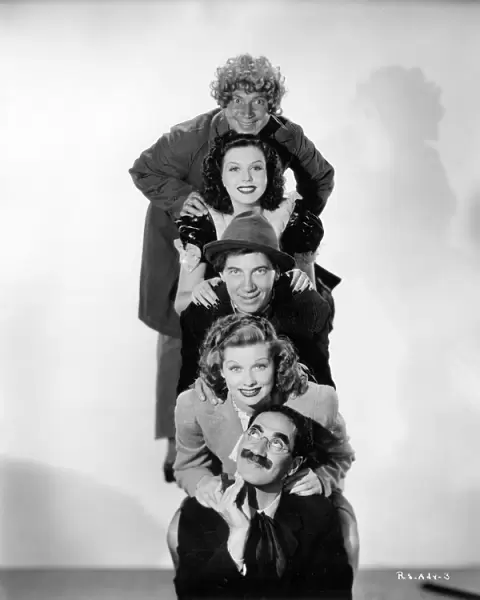 Harpo Marx, Lucille Ball, Chico Marx, Ann Miller, and Groucho Marx in William Seiters Room Service (1938)